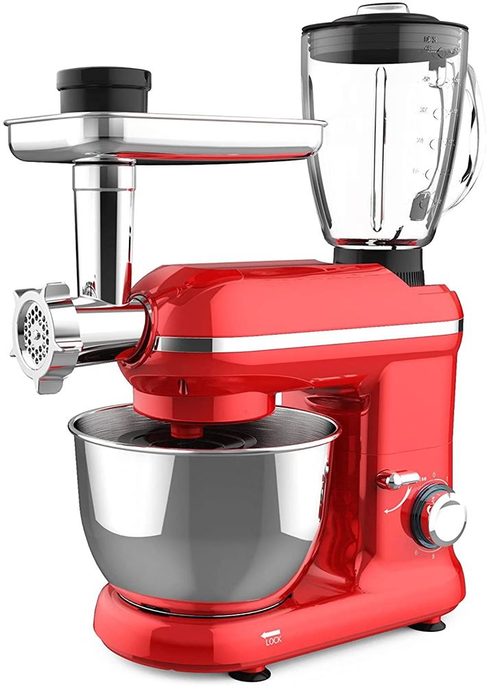 Frigidaire FD5126 1000W 6-Speed Stand Mixer with Blender & Meat Grinder, 220V (Not for USA - European Cord), Red